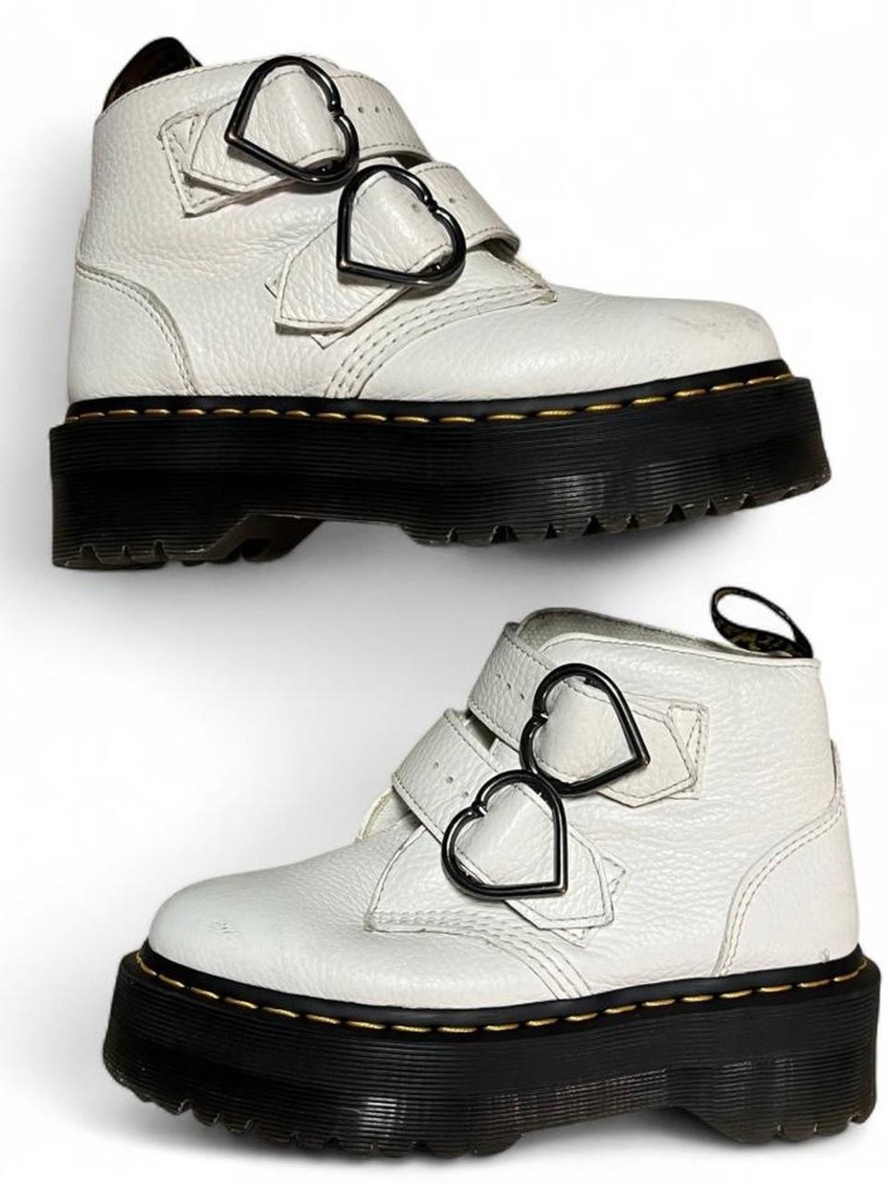 Dr. Martens Black Leather Devon Heart Platform Boots with Heart Buckle